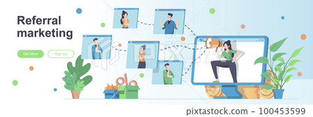 Referral marketing landing page with people characters. Customer referral program banner. Promoting products or services vector illustration. Flat concept 100453599