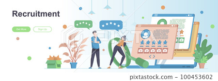 Recruitment landing page with people characters. Headhunting agency, study candidates web banner. Staffing and recruiting vector illustration. Flat concept 100453602