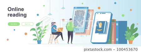 Online reading landing page with people characters. E-book reading application, online library banner. Distance learning vector illustration. Flat concept 100453670