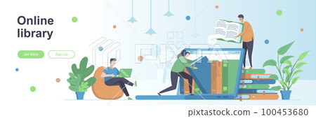 Online library landing page with people characters. Electronic books reading service web banner. Literature and knowledges vector illustration. Flat concept 100453680