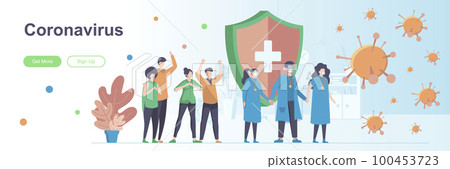 Coronavirus landing page with people characters. COVID-19 infection prevention and control web banner. Coronavirus disease vector illustration. Flat concept 100453723