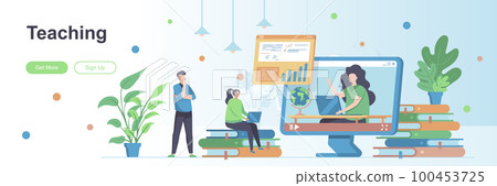 Teaching landing page with people characters. Personal teacher service web banner. Educational webinar, online classes vector illustration. Flat concept 100453725