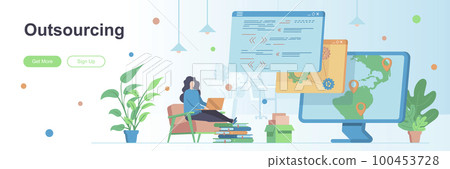 Outsourcing landing page with people characters. Remote workforce web banner. Outsourcing software development service vector illustration. Flat concept 100453728