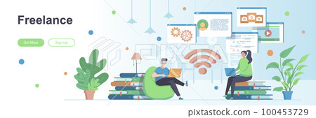 Freelance landing page with people characters. Remote workforce, outsource company web banner. Developers team working vector illustration. Flat concept Freelance landing page with people characters. Remote workforce, outsource company web banner. Developers team working vector illustration. Flat concept 100453729