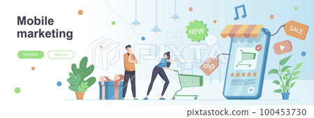 Mobile marketing landing page with people characters. Mobile advertising, promotion web banner. Retail discounts, shopping vector illustration. Flat concept Mobile marketing landing page with people characters. Mobile advertising, promotion web banner. Retail discounts, shopping vector illustration. Flat concept 100453730