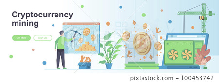 Cryptocurrency mining landing page with people. Blockchain technology web banner. Cryptocurrency mining farm for sale vector illustration. Flat concept Cryptocurrency mining landing page with people. Blockchain technology web banner. Cryptocurrency mining farm for sale vector illustration. Flat concept 100453742