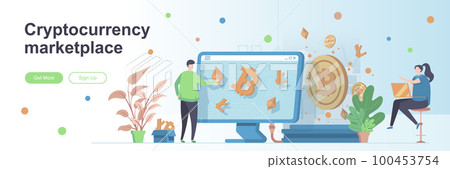 Cryptocurrency marketplace landing page with people. Blockchain technology web banner. Cryptocurrency trading platform vector illustration. Flat concept 100453754