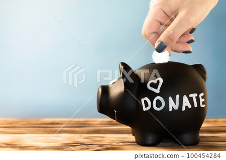 Hand putting a coin in a black piggy bank with a chalk donate tag on a blue background. Donation and charity concept 100454284