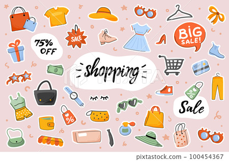 Shopping cute stickers template set. Bundle of clothes, shoes, accessories, purchases bags, shop items. Big sale discount prices. Scrapbooking elements. Vector illustration in flat cartoon design 100454367