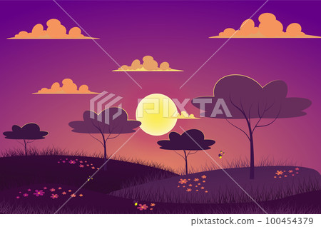 Sunset at spring meadow landscape background in flat cartoon style. Evening at garden, trees, grass pasture fields, glowworms fly over wildflowers. Nature scenery. Vector illustration of web banner 100454379