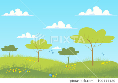Spring green meadow landscape background in flat cartoon style. Garden trees, blue sky, green grass pasture fields, butterflies fly over wild flowers. Nature scenery. Vector illustration of web banner Spring green meadow landscape background in flat cartoon style. Garden trees, blue sky, green grass pasture fields, butterflies fly over wild flowers. Nature scenery. Vector illustration of web banner 100454380