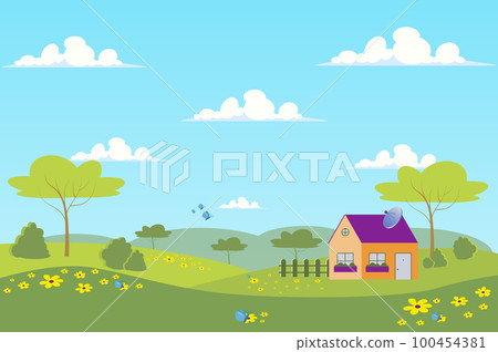 Spring village with green meadow landscape background in flat cartoon style. House is in valley, garden trees, butterflies fly over wildflowers. Nature scenery. Vector illustration of web banner Spring village with green meadow landscape background in flat cartoon style. House is in valley, garden trees, butterflies fly over wildflowers. Nature scenery. Vector illustration of web banner 100454381