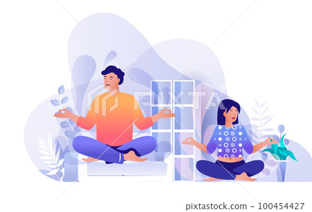 Couple doing yoga at home scene. Man and woman sitting in lotus position. Healthy lifestyle, meditation and contemplation, wellness concept. Vector illustration of people characters in flat design Couple doing yoga at home scene. Man and woman sitting in lotus position. Healthy lifestyle, meditation and contemplation, wellness concept. Vector illustration of people characters in flat design 100454427