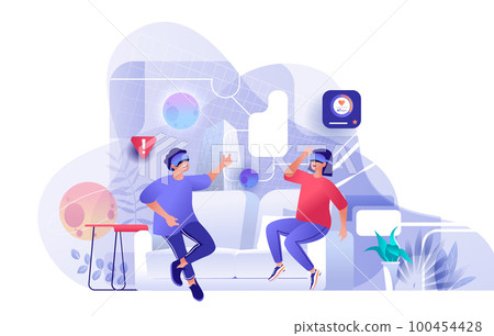 Couple uses virtual reality glasses scene. Man and woman playing interactive computer game with VR tech. Entertainment, gaming industry concept. Vector illustration of people characters in flat design Couple uses virtual reality glasses scene. Man and woman playing interactive computer game with VR tech. Entertainment, gaming industry concept. Vector illustration of people characters in flat design 100454428