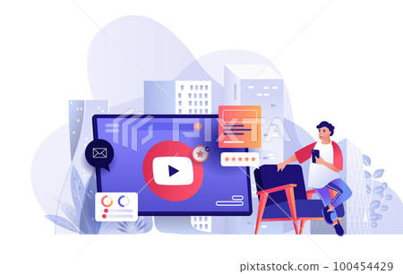 Video marketing scene. Man creates content, huge computer screen with play button. Promotion, seo optimization, business strategy concept. Vector illustration of people characters in flat design Video marketing scene. Man creates content, huge computer screen with play button. Promotion, seo optimization, business strategy concept. Vector illustration of people characters in flat design 100454429