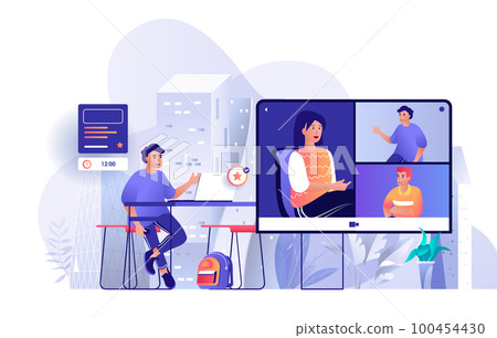 Video conference scene. Man meeting with colleagues friends via video calling on computer screen. Online communication, distant office concept. Vector illustration of people characters in flat design Video conference scene. Man meeting with colleagues friends via video calling on computer screen. Online communication, distant office concept. Vector illustration of people characters in flat design 100454430