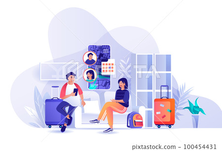 Couple travel to vacation together scene. Man and woman discussing route of travel, collected luggage. Tourism, summer recreation, trip concept. Vector illustration of people characters in flat design Couple travel to vacation together scene. Man and woman discussing route of travel, collected luggage. Tourism, summer recreation, trip concept. Vector illustration of people characters in flat design 100454431