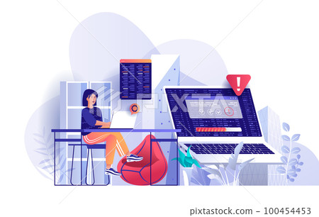 Programming software developer working at laptop scene. Script coding, programming in abstract language, technology development process concept. Vector illustration of people characters in flat design 100454453