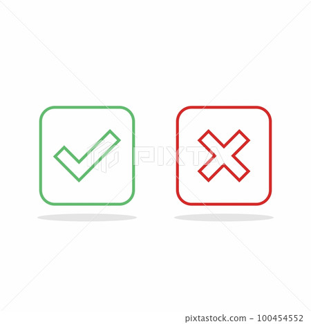 Check and wrong marks, Tick and cross marks, Accepted/Rejected, Approved/Disapproved, Yes/No, Right/Wrong, Green/Red, Correct/False, Ok/Not Ok - vector mark symbols in green and red. Isolated icon. 100454552