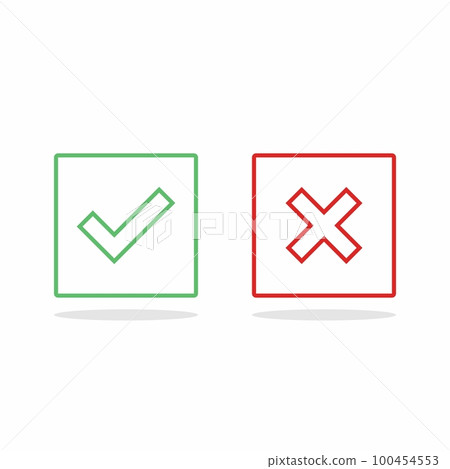 Check and wrong marks, Tick and cross marks, Accepted/Rejected, Approved/Disapproved, Yes/No, Right/Wrong, Green/Red, Correct/False, Ok/Not Ok - vector mark symbols in green and red. Isolated icon. 100454553