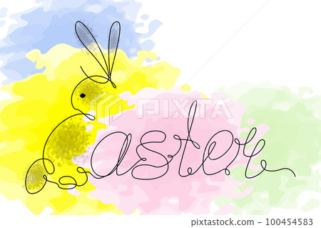 Easter bunny and Easter lettering in one continuous line against vibrant watercolor spots. Isolate Easter bunny and Easter lettering in one continuous line against vibrant watercolor spots. Isolate 100454583
