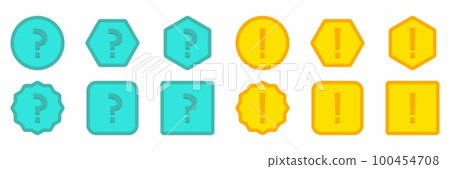 Question mark Icon Set, FAQ sign, Help symbol. Exclamation mark Icon Set, Attention sign, Caution icon, Hazard warning symbol. Light blue and Yellow style. 100454708