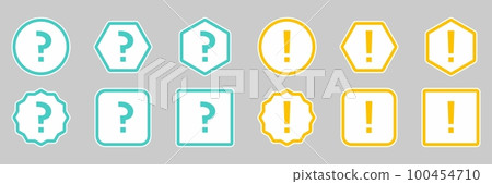 Question mark Icon Set, FAQ sign, Help symbol. Exclamation mark Icon Set, Attention sign, Caution icon, Hazard warning symbol. Light blue and Yellow style. 100454710