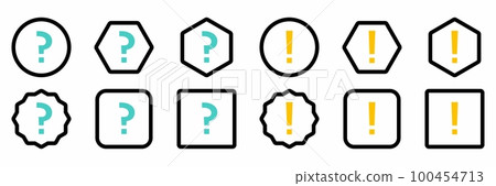 Question mark Icon Set, FAQ sign, Help symbol. Exclamation mark Icon Set, Attention sign, Caution icon, Hazard warning symbol. Light blue and Yellow style. 100454713