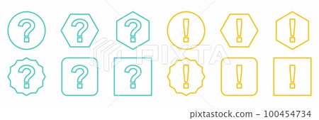 Question mark Icon Set, FAQ sign, Help symbol. Exclamation mark Icon Set, Attention sign, Caution icon, Hazard warning symbol. Light blue and Yellow style. 100454734