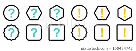 Question mark Icon Set, FAQ sign, Help symbol. Exclamation mark Icon Set, Attention sign, Caution icon, Hazard warning symbol. Light blue and Yellow style. 100454742