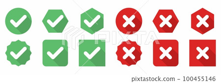 Check and wrong marks Icon Set, Tick and cross marks, Accepted,Rejected, Approved,Disapproved, Yes,No, Right,Wrong, Green,Red, Correct,False, Ok,Not Ok - vector mark symbols in green and red. 100455146