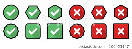 Check and wrong marks Icon Set, Tick and cross marks, Accepted,Rejected, Approved,Disapproved, Yes,No, Right,Wrong, Green,Red, Correct,False, Ok,Not Ok - vector mark symbols. Black stroke design. Check and wrong marks Icon Set, Tick and cross marks, Accepted,Rejected, Approved,Disapproved, Yes,No, Right,Wrong, Green,Red, Correct,False, Ok,Not Ok - vector mark symbols. Black stroke design. 100455147