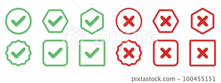 Check and wrong marks Icon Set, Tick and cross marks, Accepted,Rejected, Approved,Disapproved, Yes,No, Right,Wrong, Green,Red, Correct,False, Ok,Not Ok - vector mark symbols in green and red. Check and wrong marks Icon Set, Tick and cross marks, Accepted,Rejected, Approved,Disapproved, Yes,No, Right,Wrong, Green,Red, Correct,False, Ok,Not Ok - vector mark symbols in green and red. 100455151