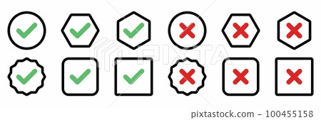 Check and wrong marks Icon Set, Tick and cross marks, Accepted,Rejected, Approved,Disapproved, Yes,No, Right,Wrong, Green,Red, Correct,False, Ok,Not Ok - vector mark symbols in green and red. Check and wrong marks Icon Set, Tick and cross marks, Accepted,Rejected, Approved,Disapproved, Yes,No, Right,Wrong, Green,Red, Correct,False, Ok,Not Ok - vector mark symbols in green and red. 100455158