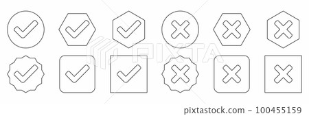 Check and wrong marks Icon Set, Tick and cross marks, Accepted,Rejected, Approved,Disapproved, Yes,No, Right,Wrong, Correct,False, Ok,Not Ok - vector mark symbols. Black outline design. Check and wrong marks Icon Set, Tick and cross marks, Accepted,Rejected, Approved,Disapproved, Yes,No, Right,Wrong, Correct,False, Ok,Not Ok - vector mark symbols. Black outline design. 100455159