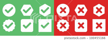 Check and wrong marks Icon Set, Tick and cross marks, Accepted,Rejected, Approved,Disapproved, Yes,No, Right,Wrong, Green,Red, Correct,False, Ok,Not Ok - vector mark symbols in green and red. Check and wrong marks Icon Set, Tick and cross marks, Accepted,Rejected, Approved,Disapproved, Yes,No, Right,Wrong, Green,Red, Correct,False, Ok,Not Ok - vector mark symbols in green and red. 100455166