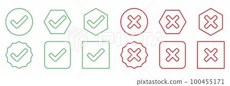 Check and wrong marks Icon Set, Tick and cross marks, Accepted,Rejected, Approved,Disapproved, Yes,No, Right,Wrong, Green,Red, Correct,False, Ok,Not Ok - vector mark symbols in green and red. Check and wrong marks Icon Set, Tick and cross marks, Accepted,Rejected, Approved,Disapproved, Yes,No, Right,Wrong, Green,Red, Correct,False, Ok,Not Ok - vector mark symbols in green and red. 100455171