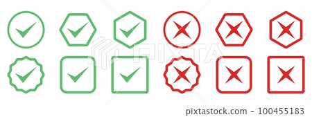 Check and wrong marks Icon Set, Tick and cross marks, Accepted,Rejected, Approved,Disapproved, Yes,No, Right,Wrong, Green,Red, Correct,False, Ok,Not Ok - vector mark symbols in green and red. 100455183