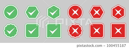 Check and wrong marks Icon Set, Tick and cross marks, Accepted,Rejected, Approved,Disapproved, Yes,No, Right,Wrong, Green,Red, Correct,False, Ok,Not Ok - vector mark symbols in green and red. Check and wrong marks Icon Set, Tick and cross marks, Accepted,Rejected, Approved,Disapproved, Yes,No, Right,Wrong, Green,Red, Correct,False, Ok,Not Ok - vector mark symbols in green and red. 100455187