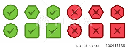 Check and wrong marks Icon Set, Tick and cross marks, Accepted,Rejected, Approved,Disapproved, Yes,No, Right,Wrong, Green,Red, Correct,False, Ok,Not Ok - vector mark symbols in green and red. Check and wrong marks Icon Set, Tick and cross marks, Accepted,Rejected, Approved,Disapproved, Yes,No, Right,Wrong, Green,Red, Correct,False, Ok,Not Ok - vector mark symbols in green and red. 100455188