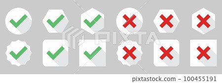Check and wrong marks Icon Set, Tick and cross marks, Accepted,Rejected, Approved,Disapproved, Yes,No, Right,Wrong, Green,Red, Correct,False, Ok,Not Ok - vector mark symbols in green and red. Check and wrong marks Icon Set, Tick and cross marks, Accepted,Rejected, Approved,Disapproved, Yes,No, Right,Wrong, Green,Red, Correct,False, Ok,Not Ok - vector mark symbols in green and red. 100455191