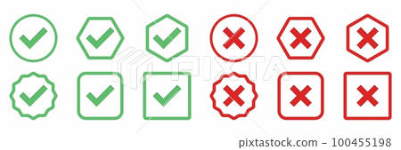 Check and wrong marks Icon Set, Tick and cross marks, Accepted,Rejected, Approved,Disapproved, Yes,No, Right,Wrong, Green,Red, Correct,False, Ok,Not Ok - vector mark symbols in green and red. Check and wrong marks Icon Set, Tick and cross marks, Accepted,Rejected, Approved,Disapproved, Yes,No, Right,Wrong, Green,Red, Correct,False, Ok,Not Ok - vector mark symbols in green and red. 100455198