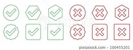 Check and wrong marks Icon Set, Tick and cross marks, Accepted,Rejected, Approved,Disapproved, Yes,No, Right,Wrong, Green,Red, Correct,False, Ok,Not Ok - vector mark symbols in green and red. Check and wrong marks Icon Set, Tick and cross marks, Accepted,Rejected, Approved,Disapproved, Yes,No, Right,Wrong, Green,Red, Correct,False, Ok,Not Ok - vector mark symbols in green and red. 100455201