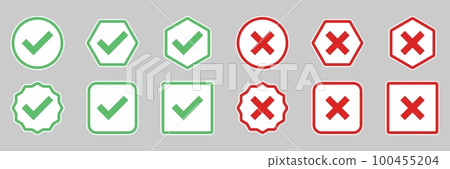 Check and wrong marks Icon Set, Tick and cross marks, Accepted,Rejected, Approved,Disapproved, Yes,No, Right,Wrong, Green,Red, Correct,False, Ok,Not Ok - vector mark symbols in green and red. Check and wrong marks Icon Set, Tick and cross marks, Accepted,Rejected, Approved,Disapproved, Yes,No, Right,Wrong, Green,Red, Correct,False, Ok,Not Ok - vector mark symbols in green and red. 100455204