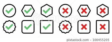 Check and wrong marks Icon Set, Tick and cross marks, Accepted,Rejected, Approved,Disapproved, Yes,No, Right,Wrong, Green,Red, Correct,False, Ok,Not Ok - vector mark symbols in green and red. Check and wrong marks Icon Set, Tick and cross marks, Accepted,Rejected, Approved,Disapproved, Yes,No, Right,Wrong, Green,Red, Correct,False, Ok,Not Ok - vector mark symbols in green and red. 100455205
