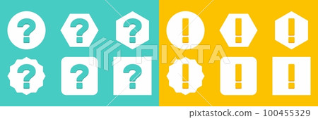 Question mark Icon Set, FAQ sign, Help symbol. Exclamation mark Icon Set, Attention sign, Caution icon, Hazard warning symbol. Light blue and Yellow style. 100455329