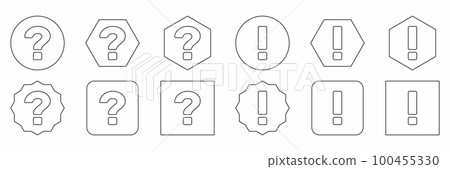 Question mark Icon Set, FAQ sign, Help symbol. Exclamation mark Icon Set, Attention sign, Caution icon, Hazard warning symbol. Black outline design. Question mark Icon Set, FAQ sign, Help symbol. Exclamation mark Icon Set, Attention sign, Caution icon, Hazard warning symbol. Black outline design. 100455330