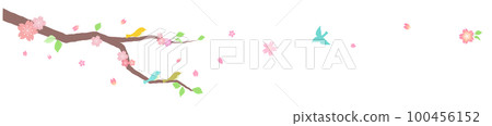 Flowers and trees growing from the left, flowers and birds swaying in the wind 100456152