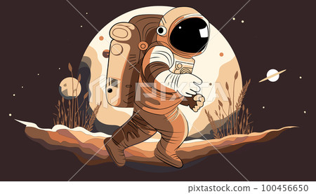 Astronaut explores space being desert planet. Astronaut space suit performing extra cosmic activity space against stars and planets background. Human space flight. Modern vector illustration 100456650