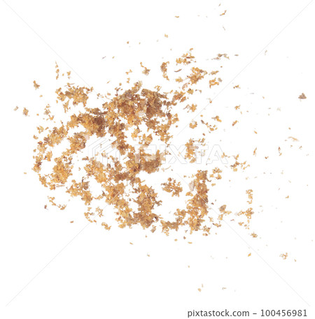 Fried Garlic pour fall down explosion, golden yellow fried garlic float abstract fly. Beautiful fried garlic splash stop in air, food object design. White background isolated high speed freeze 100456981